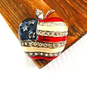 Patriotic Apple Flag Brooch With Rhinestone Red White And Blue Enamel Finish